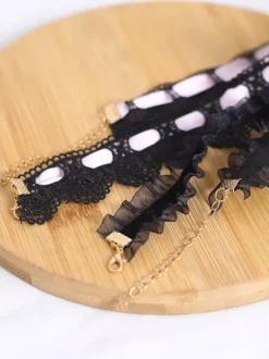 Gothic Lolita Accessories Black Ruffles Pearls Color Block Lace Choker