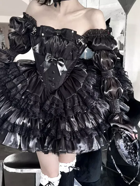 Gothic Lolita Black Strapless Dress Lace Detailed Puffy Princess Dress With Layered Tulle Dress