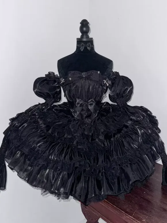 Gothic Lolita Black Strapless Dress Lace Detailed Puffy Princess Dress With Layered Tulle Dress