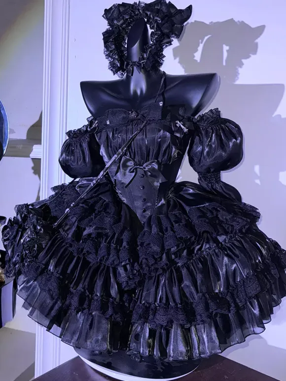 Gothic Lolita Black Strapless Dress Lace Detailed Puffy Princess Dress With Layered Tulle Dress