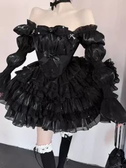 Gothic Lolita Black Strapless Dress Lace Detailed Puffy Princess Dress With Layered Tulle Dress