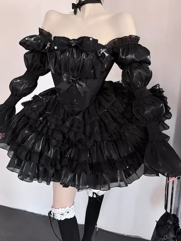 Gothic Lolita Black Strapless Dress Lace Detailed Puffy Princess Dress With Layered Tulle Dress