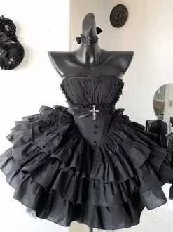 Gothic Lolita Black Strapless JSK Dress With Detachable Chest Harness And Neck Accessories