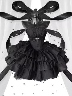 Gothic Lolita Black Strapless JSK Dress With Detachable Chest Harness And Neck Accessories