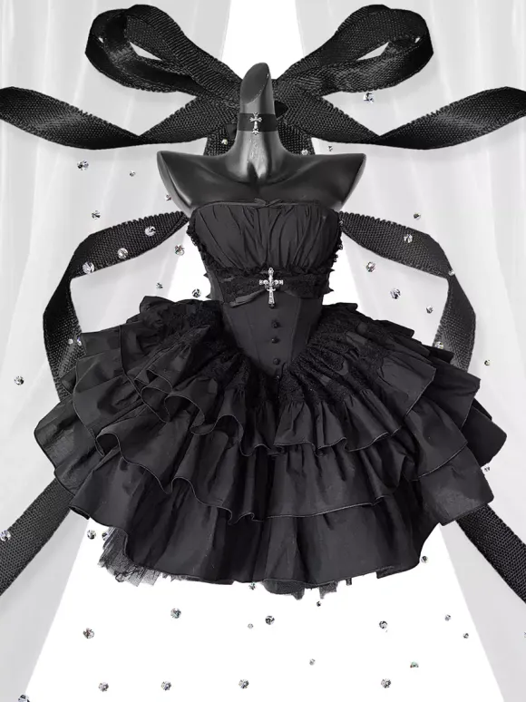 Gothic Lolita Black Strapless JSK Dress With Detachable Chest Harness And Neck Accessories