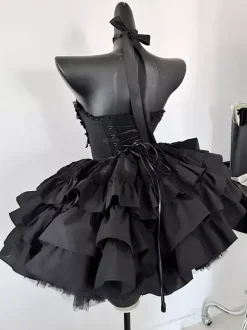 Gothic Lolita Black Strapless JSK Dress With Detachable Chest Harness And Neck Accessories