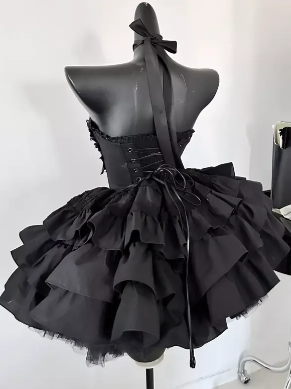 Gothic Lolita Black Strapless JSK Dress With Detachable Chest Harness And Neck Accessories