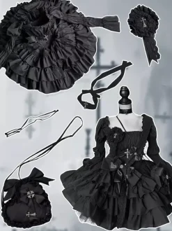 Gothic Lolita Black Strapless JSK Dress With Detachable Chest Harness And Neck Accessories