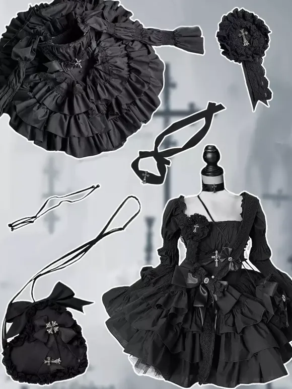Gothic Lolita Black Strapless JSK Dress With Detachable Chest Harness And Neck Accessories