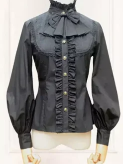 Gothic Lolita Blouse Black High Collar Balloon Sleeve Lolita Shirt