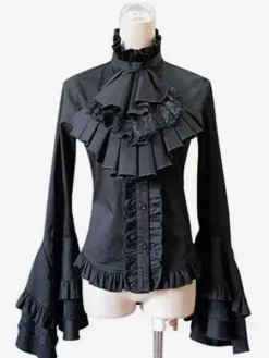 Gothic Lolita Blouse Lace Patch Cotton Pleated Bow Ruffles Two Tone White Lolita Top