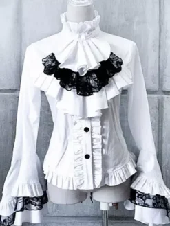 Gothic Lolita Blouse Lace Patch Cotton Pleated Bow Ruffles Two Tone White Lolita Top