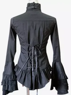 Gothic Lolita Blouse Lace Patch Cotton Pleated Bow Ruffles Two Tone White Lolita Top