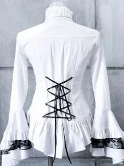 Gothic Lolita Blouse Lace Patch Cotton Pleated Bow Ruffles Two Tone White Lolita Top