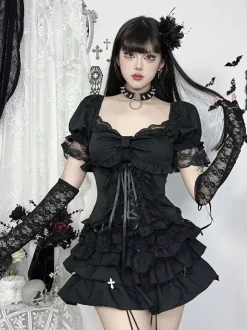 Gothic Lolita Blouses Black Short Sleeves Ruffles Lace Lolita Top Lace Lolita Shirt
