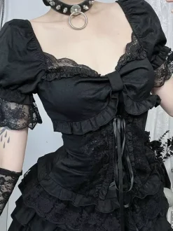 Gothic Lolita Blouses Black Short Sleeves Ruffles Lace Lolita Top Lace Lolita Shirt