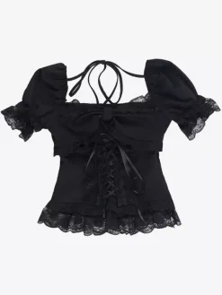 Gothic Lolita Blouses Black Short Sleeves Ruffles Lace Lolita Top Lace Lolita Shirt
