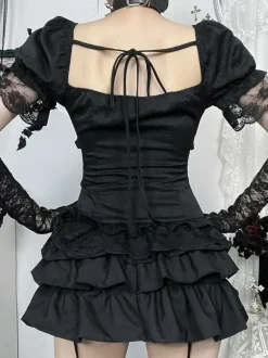 Gothic Lolita Blouses Black Short Sleeves Ruffles Lace Lolita Top Lace Lolita Shirt