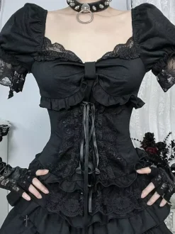 Gothic Lolita Blouses Black Short Sleeves Ruffles Lace Lolita Top Lace Lolita Shirt