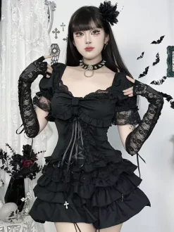 Gothic Lolita Blouses Black Short Sleeves Ruffles Lace Lolita Top Lace Lolita Shirt