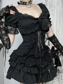 Gothic Lolita Blouses Black Short Sleeves Ruffles Lace Lolita Top Lace Lolita Shirt