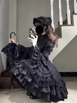 Gothic Lolita Blouses Black Long Sleeves Lolita Top Ruffles Lace Lolita Shirt