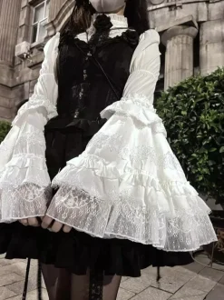 Gothic Lolita Blouses Black Long Sleeves Lolita Top Ruffles Lace Lolita Shirt