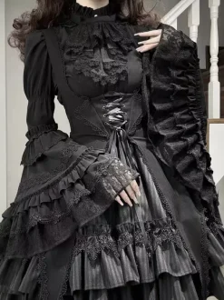 Gothic Lolita Blouses Black Long Sleeves Lolita Top Ruffles Lace Lolita Shirt