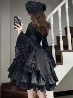 Gothic Lolita Blouses Black Long Sleeves Lolita Top Ruffles Lace Lolita Shirt