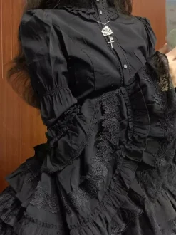 Gothic Lolita Blouses Black Long Sleeves Lolita Top Ruffles Lace Lolita Shirt
