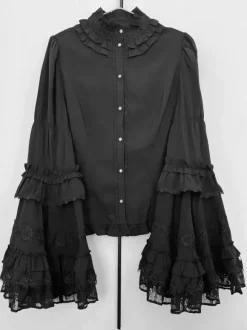 Gothic Lolita Blouses Black Long Sleeves Lolita Top Ruffles Lace Lolita Shirt