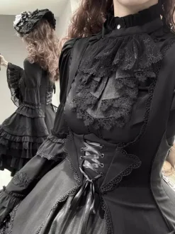 Gothic Lolita Blouses Black Long Sleeves Lolita Top Ruffles Lace Lolita Shirt