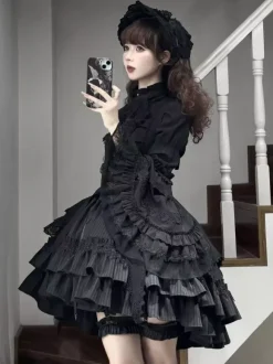 Gothic Lolita Blouses Black Long Sleeves Lolita Top Ruffles Lace Lolita Shirt