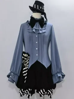 Gothic Lolita Blouses Bows Long Sleeves Blouse Lolita Top Light Sky Blue Lolita Shirt