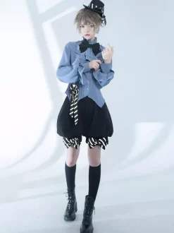 Gothic Lolita Blouses Bows Long Sleeves Blouse Lolita Top Light Sky Blue Lolita Shirt