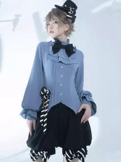 Gothic Lolita Blouses Bows Long Sleeves Blouse Lolita Top Light Sky Blue Lolita Shirt