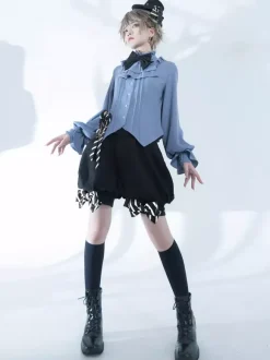 Gothic Lolita Blouses Bows Long Sleeves Blouse Lolita Top Light Sky Blue Lolita Shirt
