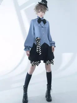 Gothic Lolita Blouses Bows Long Sleeves Blouse Lolita Top Light Sky Blue Lolita Shirt