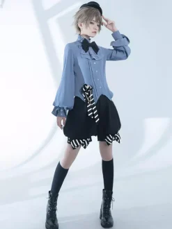 Gothic Lolita Blouses Bows Long Sleeves Blouse Lolita Top Light Sky Blue Lolita Shirt