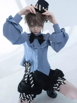 Gothic Lolita Blouses Bows Long Sleeves Blouse Lolita Top Light Sky Blue Lolita Shirt