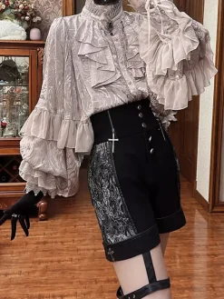 Gothic Lolita Blouses Lolita Top Apricot Long Sleeves Lace Ruffles Floral Print Ouji Lolita Shirt