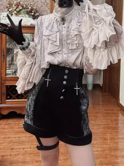 Gothic Lolita Blouses Lolita Top Apricot Long Sleeves Lace Ruffles Floral Print Ouji Lolita Shirt