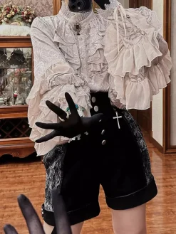 Gothic Lolita Blouses Lolita Top Apricot Long Sleeves Lace Ruffles Floral Print Ouji Lolita Shirt
