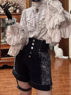 Gothic Lolita Blouses Lolita Top Apricot Long Sleeves Lace Ruffles Floral Print Ouji Lolita Shirt