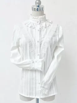 Gothic Lolita Blouses Lolita Top Ruffles Long Sleeves Blouse Stripes White Lolita Shirt