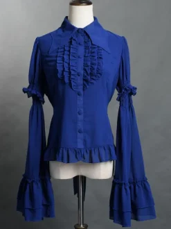 Gothic Lolita Blouses Lolita Top Ruffles Long Sleeves Blouse Blue Lolita Shirt