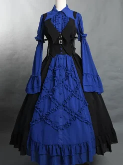 Gothic Lolita Blouses Lolita Top Ruffles Long Sleeves Blouse Blue Lolita Shirt