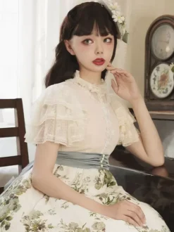 Gothic Lolita Blouses Lolita Top Black Short Sleeves Ruffles Lace Tops
