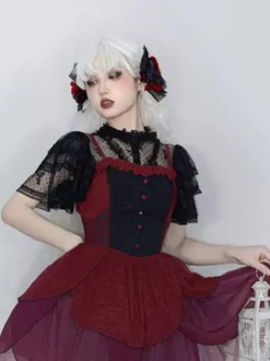 Gothic Lolita Blouses Lolita Top Black Short Sleeves Ruffles Lace Tops