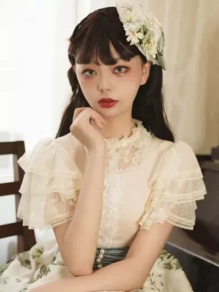 Gothic Lolita Blouses Lolita Top Black Short Sleeves Ruffles Lace Tops